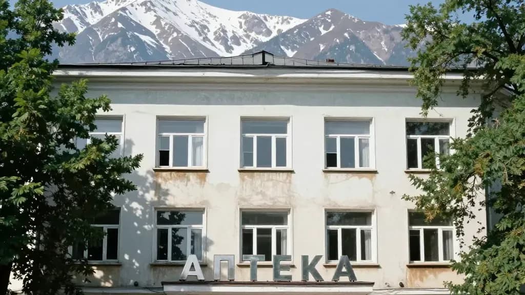 Алматы орталығындағы ескі үш қабатты үйдің қасбеті, кіреберіс үстіндегі фризде астарсыз жеке әріптер, артта таулар, адам жоқ