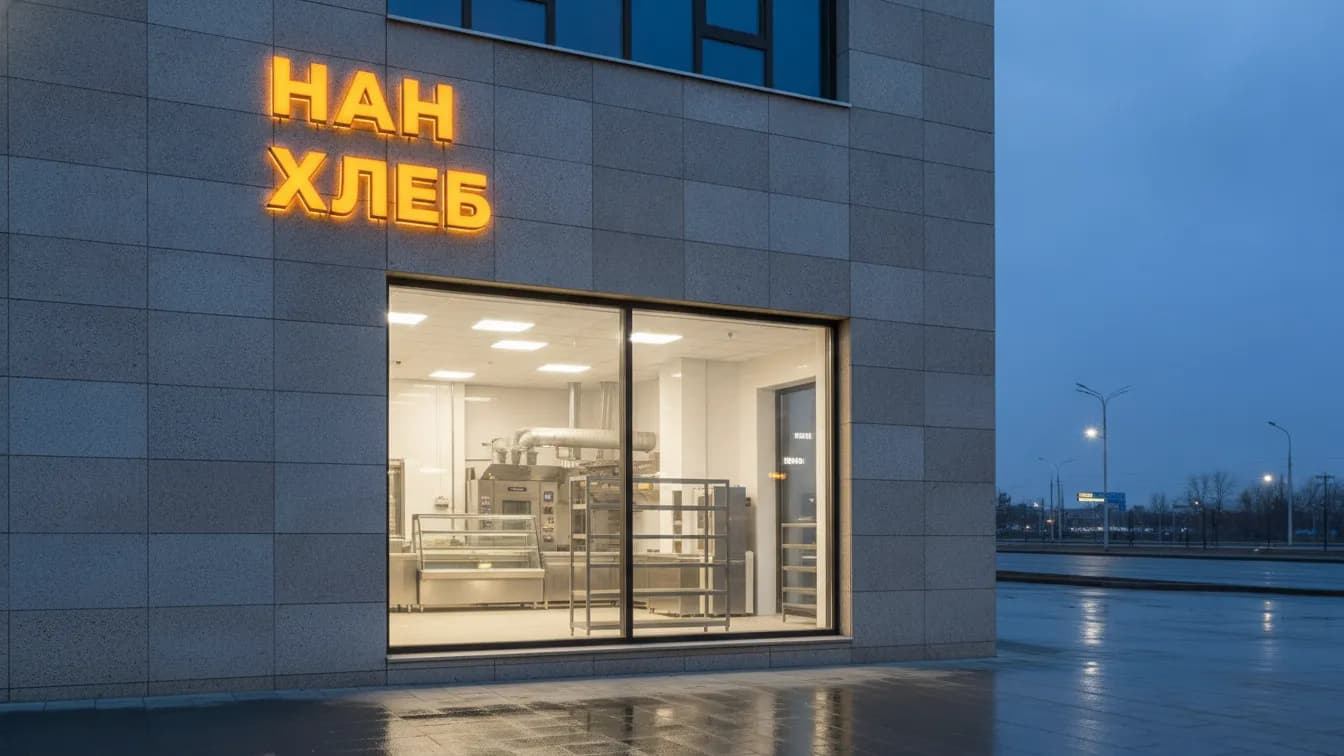 Кешкі Астанадағы бірінші қабаттың қасбеті: наубайхананың кіреберісі үстінде екі тілдегі астарсыз жарықты көлемді әріптер; адам жоқ