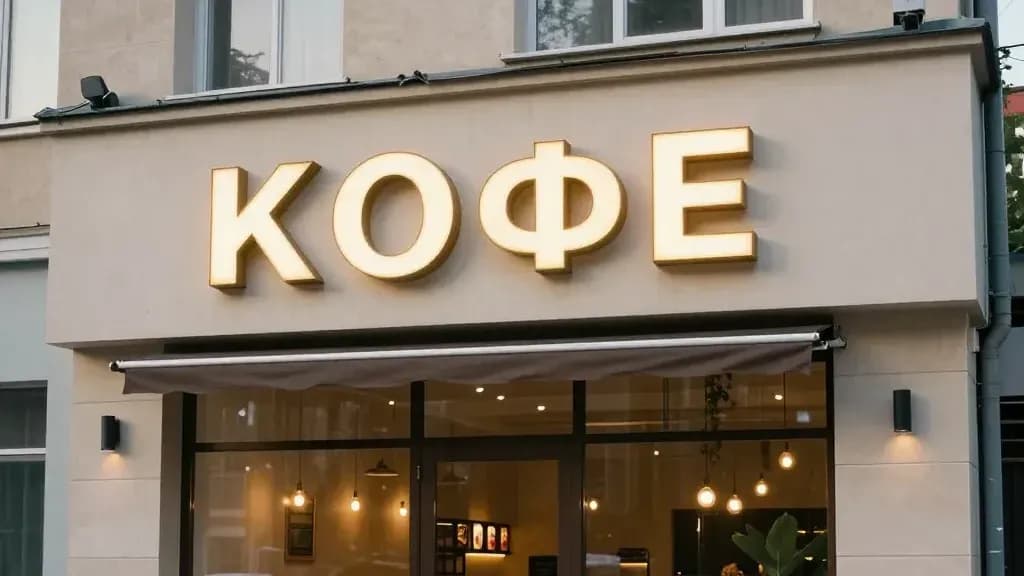 Небольшая кофейня на первом этаже жилого дома вечером: светящиеся объёмные буквы над входом и чистая витрина; людей нет