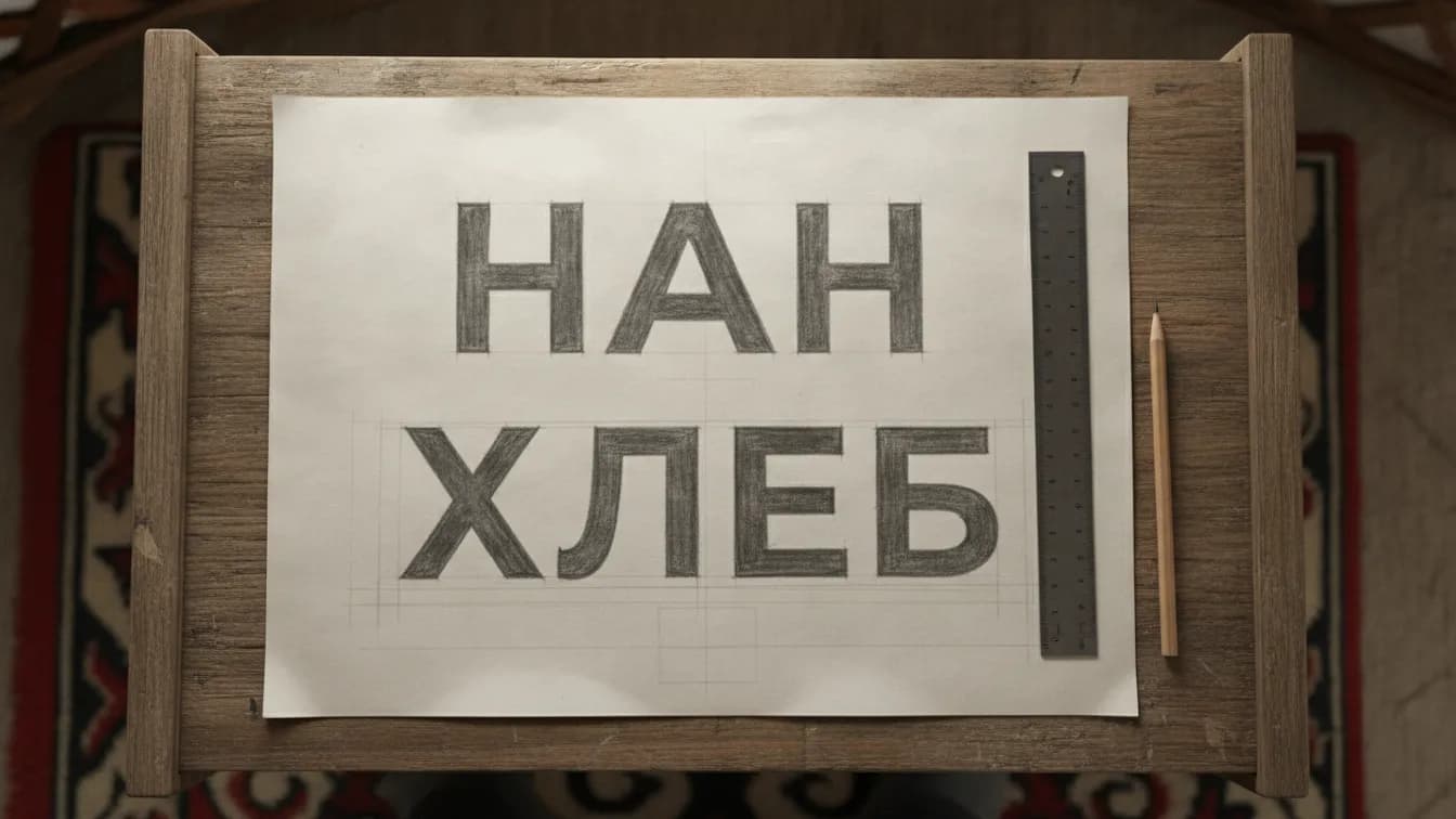 Дизайнер үстеліндегі маңдайша эскизі: жоғарыда қазақша «НАН», төменде орысша «ХЛЕБ», әріптердің биіктігі бірдей; жанында сызғыш, адам жоқ