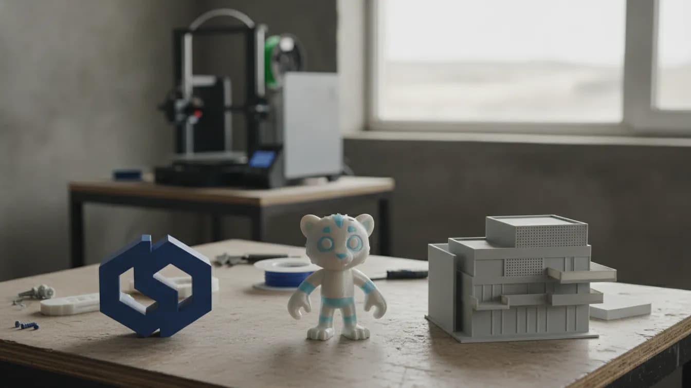 Шеберхана үстелінде 3D-принтерде басылған бөлшектер жатыр: көлемді логотип, маскот мүсіншесі және сәулет макетінің бір бөлігі; адамдар жоқ.